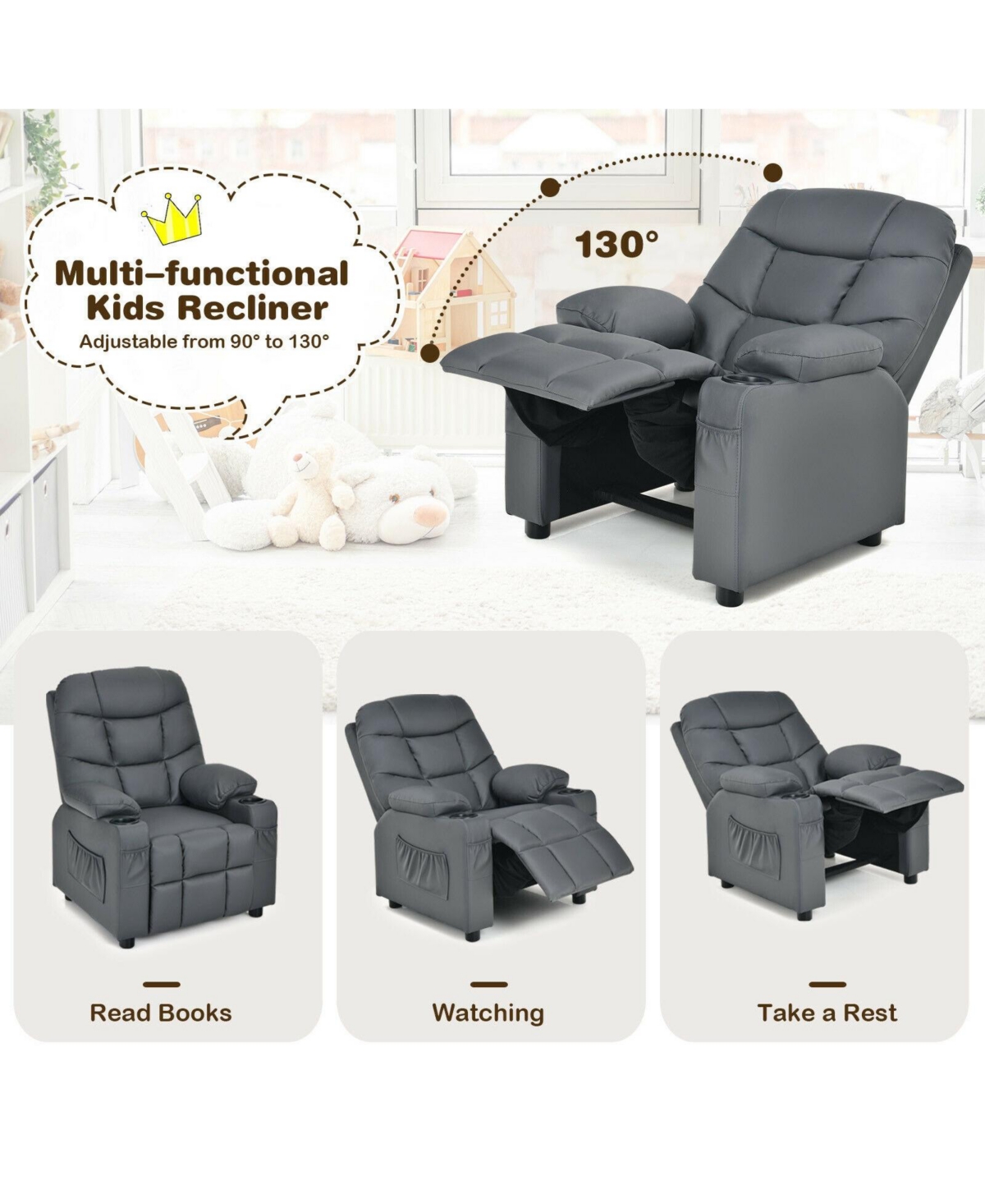 Gouun Kids Reclining Lounge Chair with Cup Holders, Side Pockets and Footrest