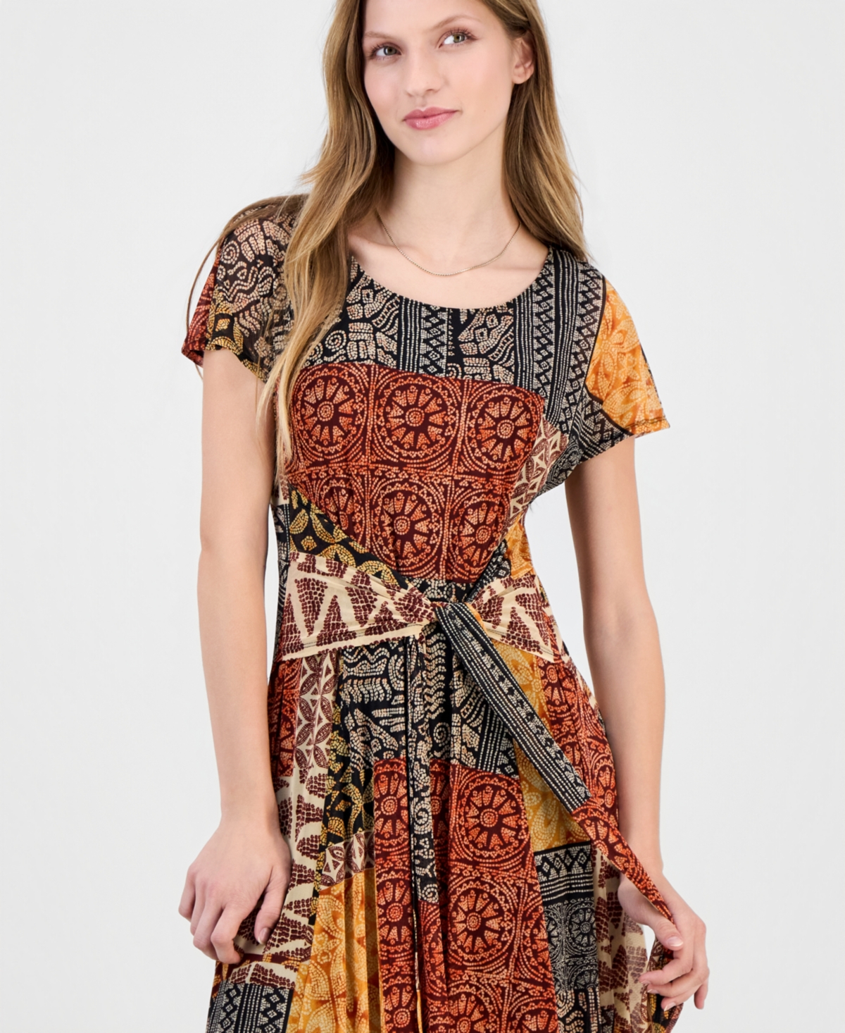Robbie Bee Women's Printed Extended-Sleeve Tie-Waist Dress