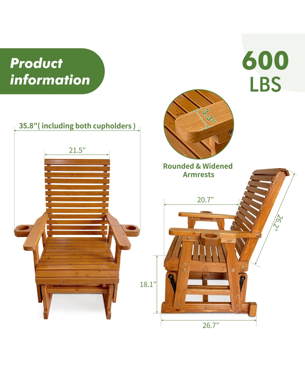 Mega Casa Solid Wood Outdoor Glider Chair, All-Weather High Back Patio Rocker with Dual Cup Holders
