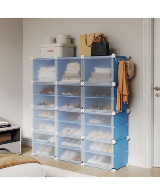 8-Tier Sliding Door Shoe Storage Cabinet, Large Capacity PP Metal Frame Organizer with Side Hooks