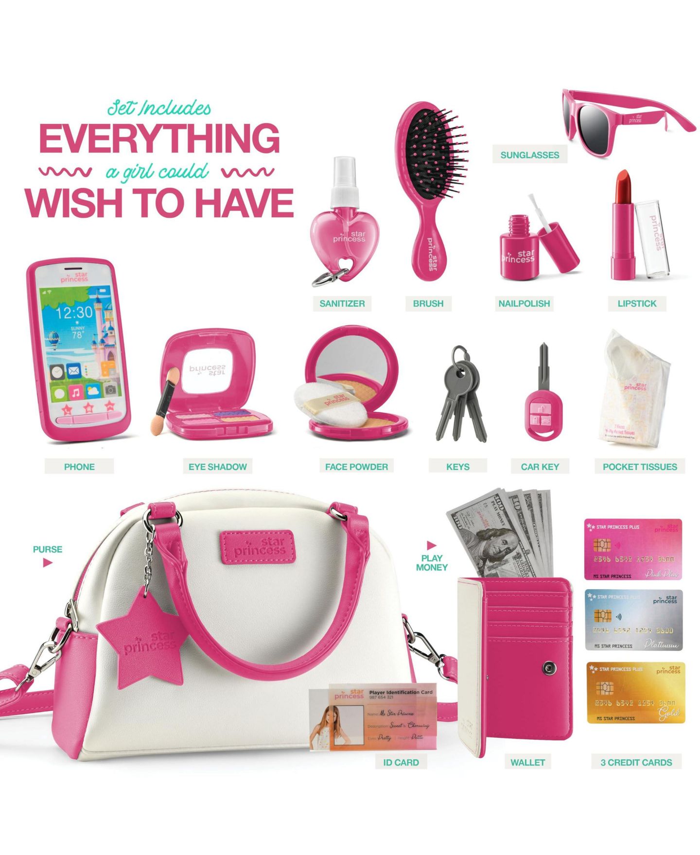Детский игровой набор GNUADZ Pretend Makeup Light-Up Keys Purse Playset, 15-Piece, Ages 3+, цвет: Розовый — фото 4
