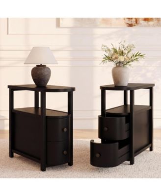 Solid Wood End Table with 2 Drawers and Open Shelf Set of 2, No Assembly Required Side Table, Vintage Brown Slim Bedside Table Nightstand