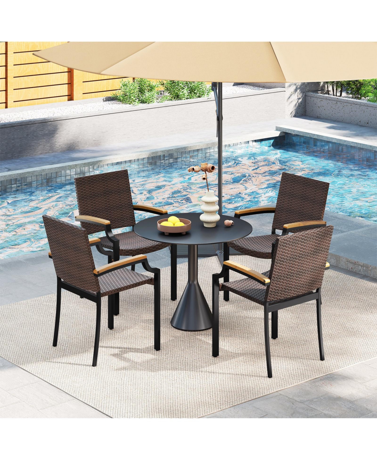Slickblue Set of 2 Stacking Wicker Patio Dining Chairs with Acacia Armrests