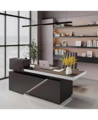 Executive Office Desk with Cable Management Storage Cabinet Outlet LED