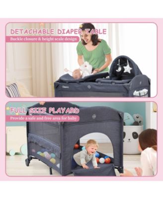 5-in-1 Foldable Pack and Play Baby Playard, Bedside Sleeper with Bassinet and Diaper Changer, Lockable Wheel Nursery Center for Newborn Toddler