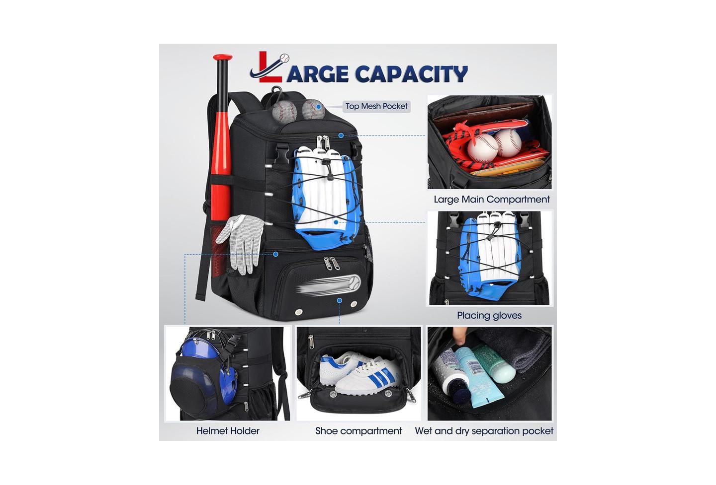 Детская сумка Furlihong Baseball Bag for Youth and Adult - Lightweight with Shoe Compartment, Helmet Holder Fence Hook, Waterproof Backpack Holds Bat Softball Gear, цвет: Чёрный — фото 2