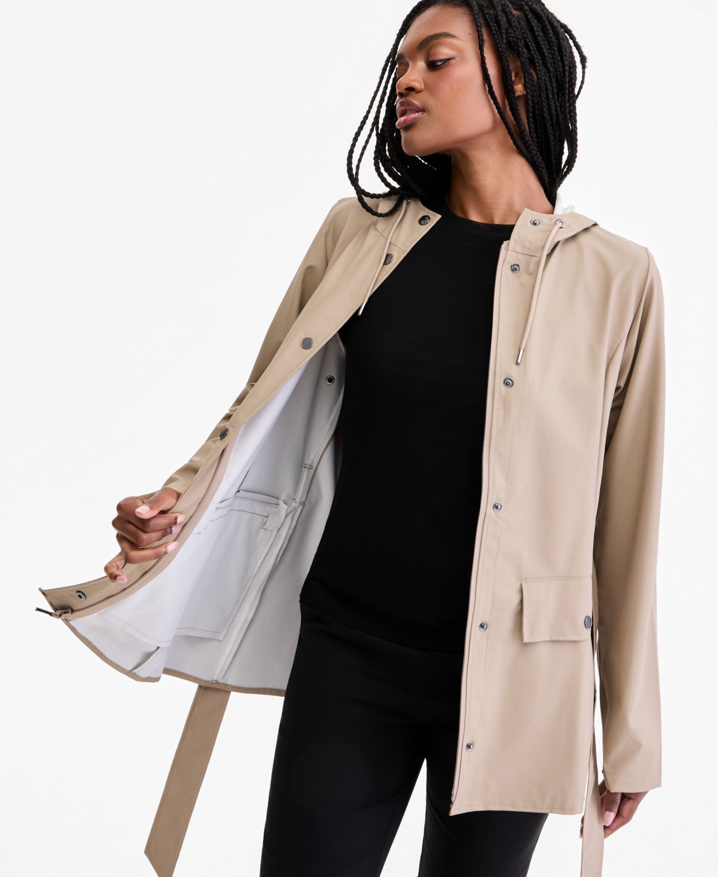 Женское пальто Rains Tie-Waist Snap-Front Hooded Rain Coat, цвет: Бежевый — фото 6