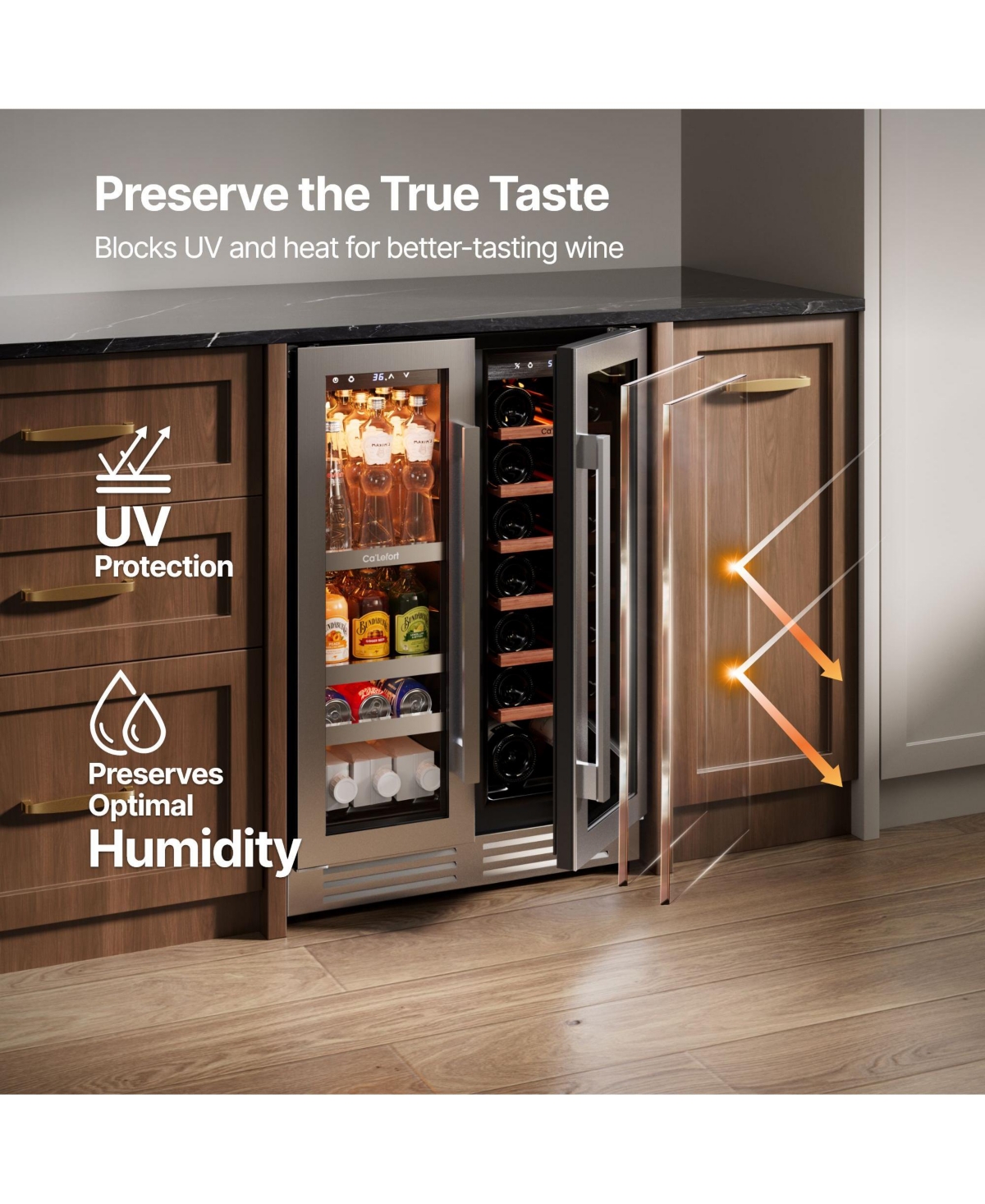 Ca'Lefort 24-inch Wine and Beverage Refrigerator, 60 Can and 20 Bottle , Dual Zone French Doors, Stainless Steel, for Home Kitchen