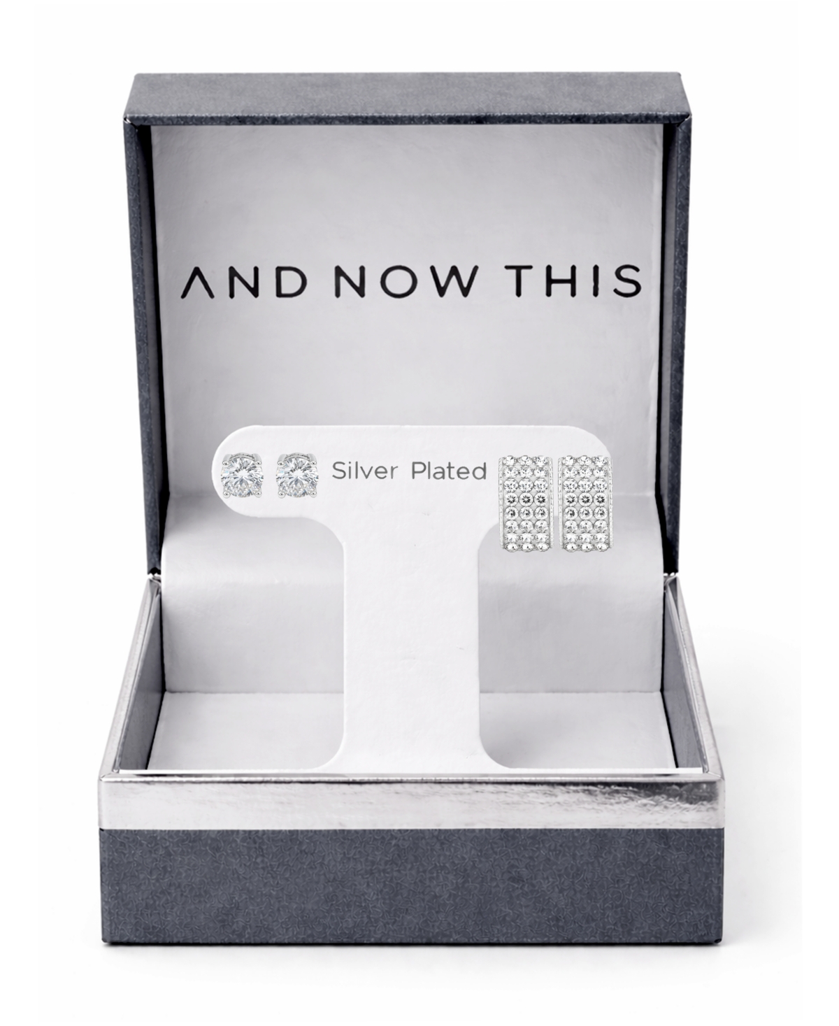 And Now This 2-Pc. Cubic Zirconia 18k Silver Plated Hoop and Stud Earrings Set, Macy's Exclusive