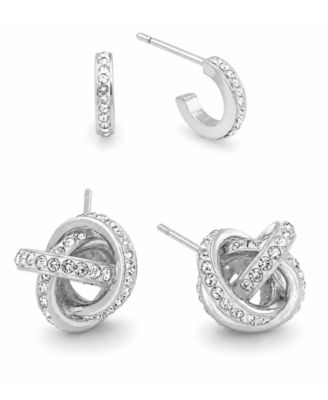 Clear Crystal Loveknot and C-hoop Duo Earring in Silver Plate or Gold Plate