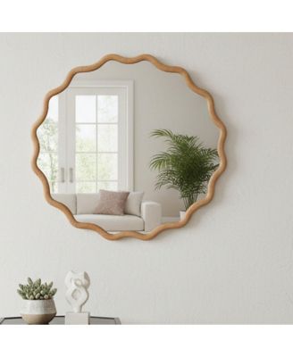24" Round Wavy Wood Frame Accent Mirror for Entryway and Bathroom