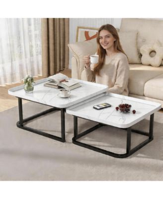 Square Nesting Coffee Table Set of 2, Wooden Side Tables with Raised Edge and Metal Legs, Space-Saving End Table for Living Room.