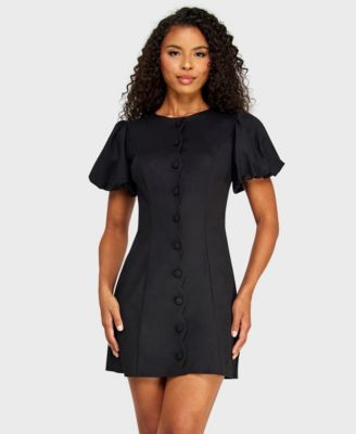 Juniors' Crewneck Scallop Button-Front Detail Mini Dress