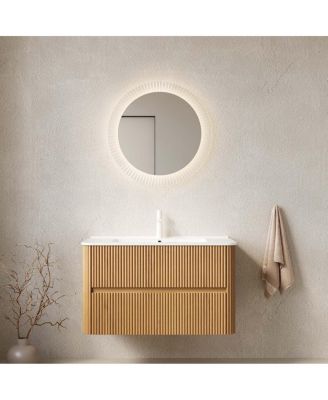 36" Modern Scandinavian Floating Bathroom Vanity, 2-Drawer Plywood Cabinet With Ceramic Sink, Pre-Assembled Retro Woodgrain