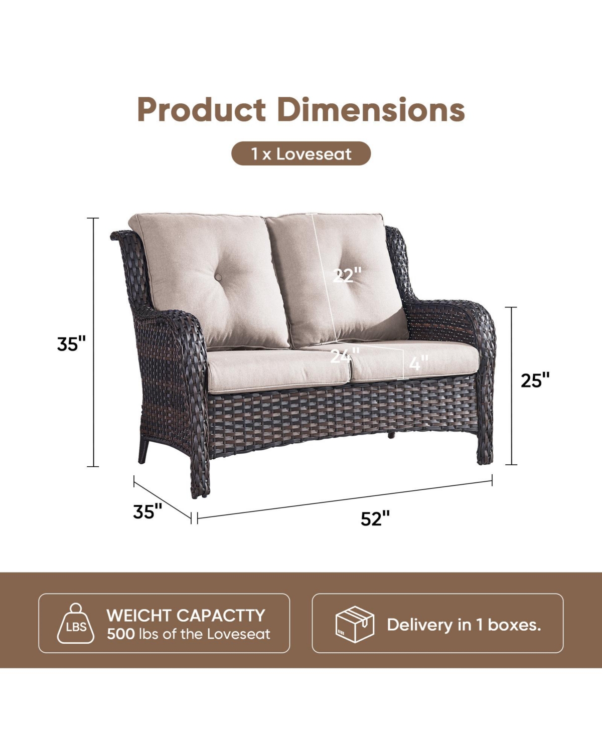 Pocassy Outdoor Wicker 2 Seater Sofa, All-Weather Patio Rattan Loveseat with Seat and Back Cushion, Ideal for Porch, Backyard, Balcony