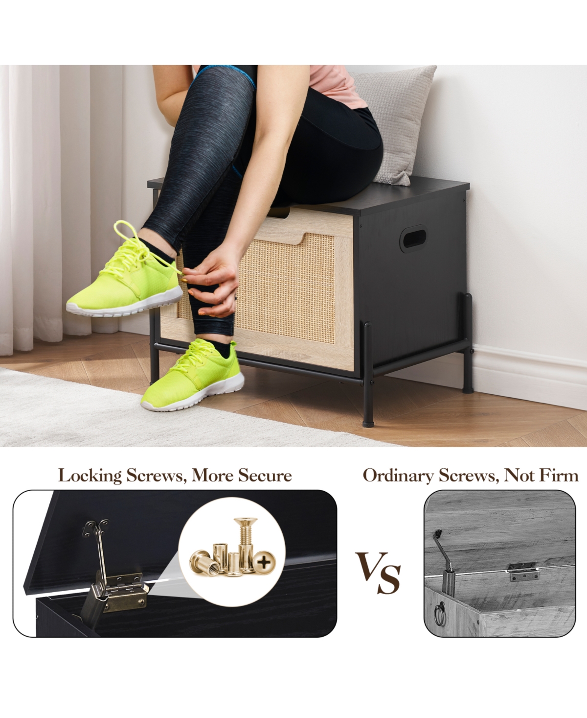 homfan Rattan Storage Bench with Cushion, Rattan Shoe Organizer with Safety Hinges for Entryway or Living Room