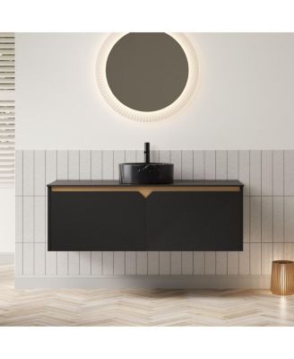 Wall Mounted Bathroom Vanity with Ceramic Vessel Sink, Sintered Stone Top, Soft Close Door, Floating Plywood Cabinet