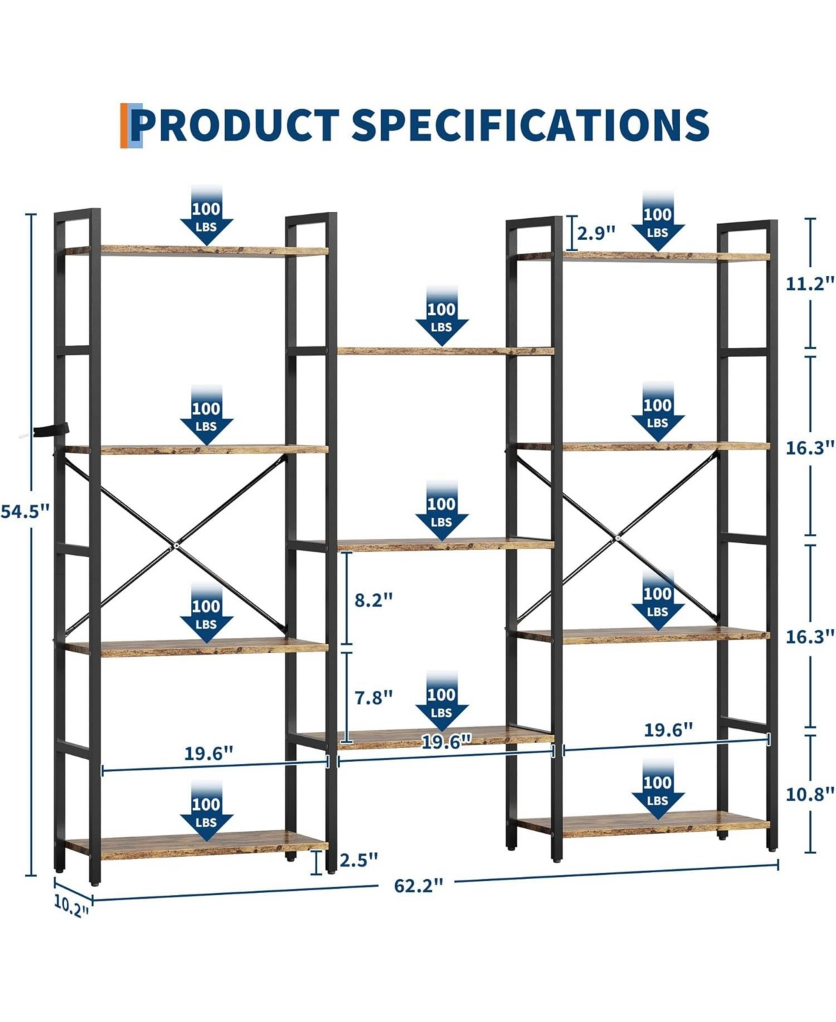 gaomon Triple Column 4-Tier Bookshelf, Bookcase with 11 Open Storage Display Shelves