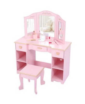 Vanity Table and Chair Set with Tri-Fold Mirror – Wooden Princess Makeup Desk with 3 Drawers and Open Storage Shelves – Room Organization