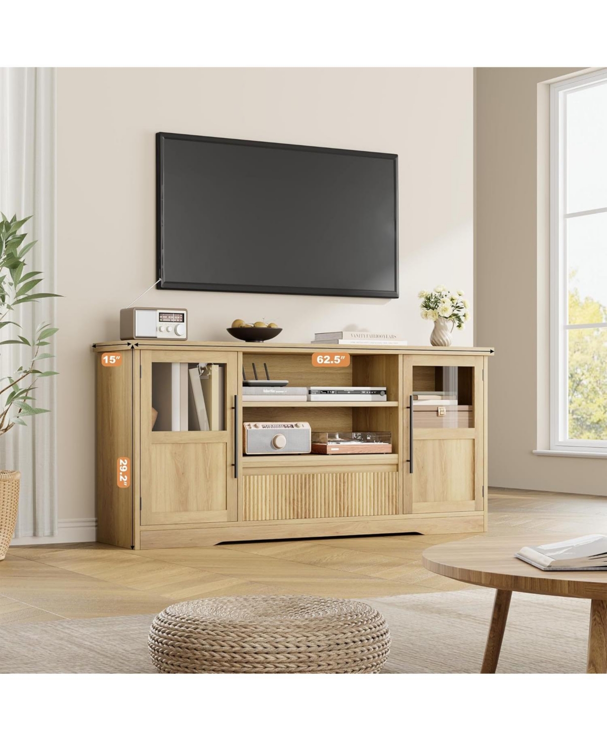 gaomon Farmhouse Tv Stand for TVs, Wave-Pattern Console with Glass Cabinets and Open Shelves