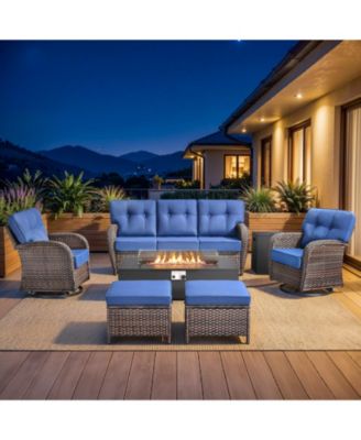 7 Pieces Outdoor Patio Furniture Set with Fire Pit Table, Wicker Swivel Rocking Chairs Conversation Sets with 5inch Cushion