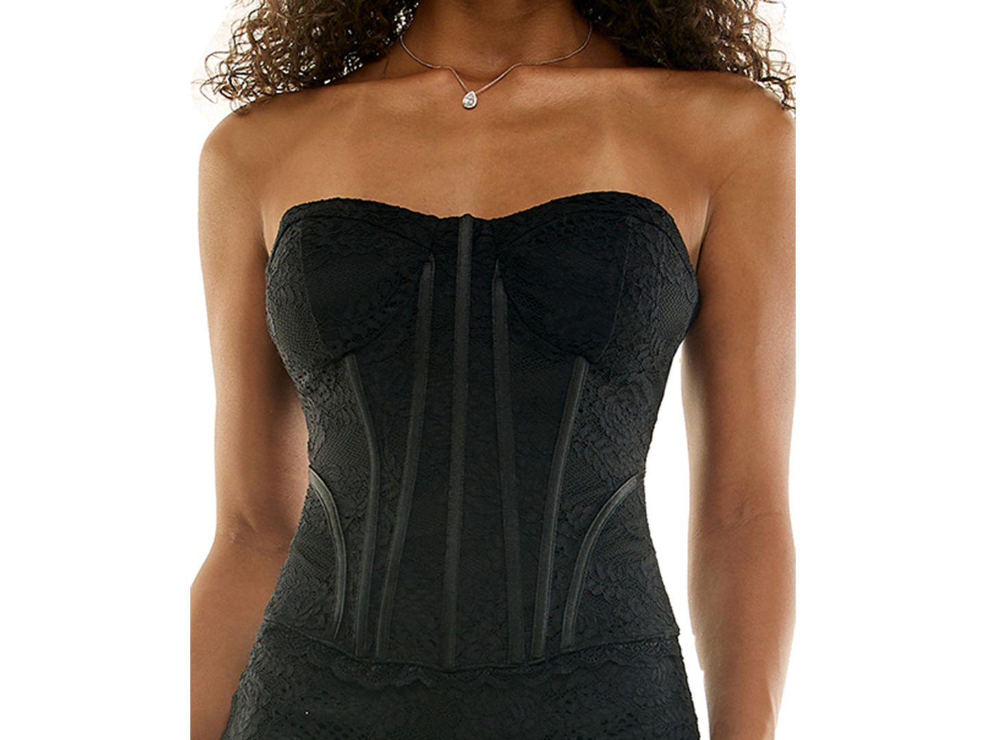 Женское платье KATIA RAE Juniors' Strapless Sweetheart Neck Lace Corset Midi, цвет: Чёрный — фото 4