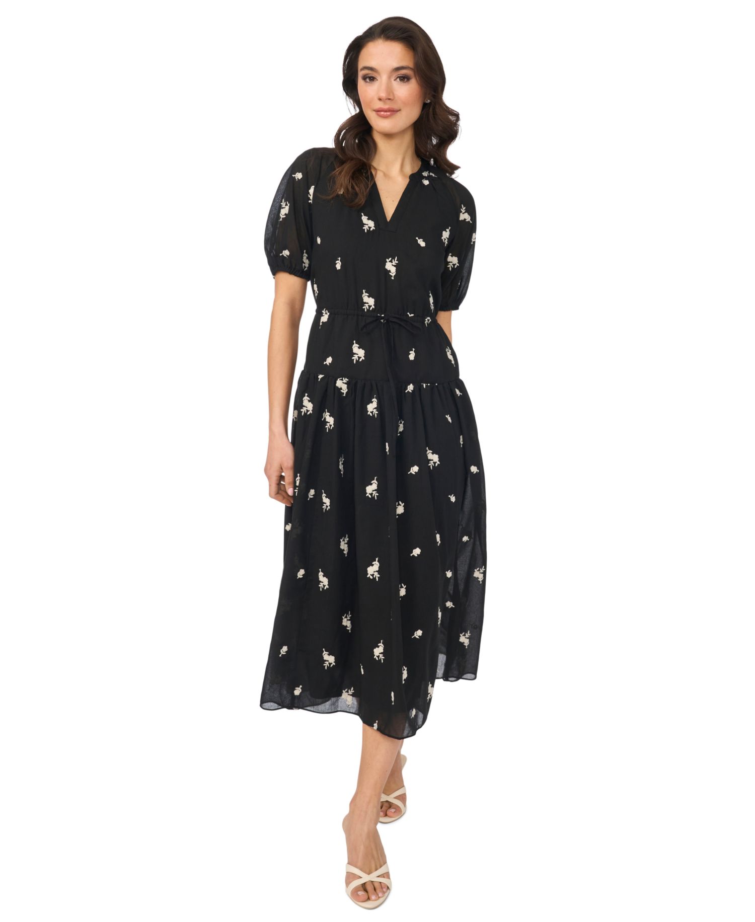 Women's Printed V-Neck Tie-Waist Midi Dress