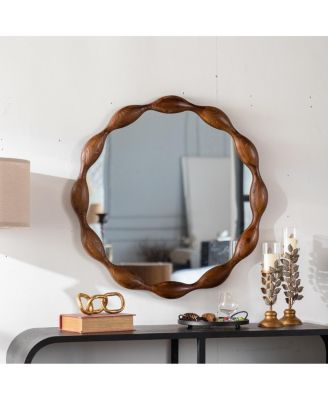 32" Wavy Round Wood Wall Mirror, Modern Rustic Decorative Accent Mirror for Living Room and Entryway