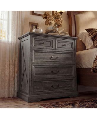 Modern Tall Storage Cabinet - 32-Inch Wide Solid Organizer with 5 Drawers | Living Room and Bedroom Engineered Wood Armoire