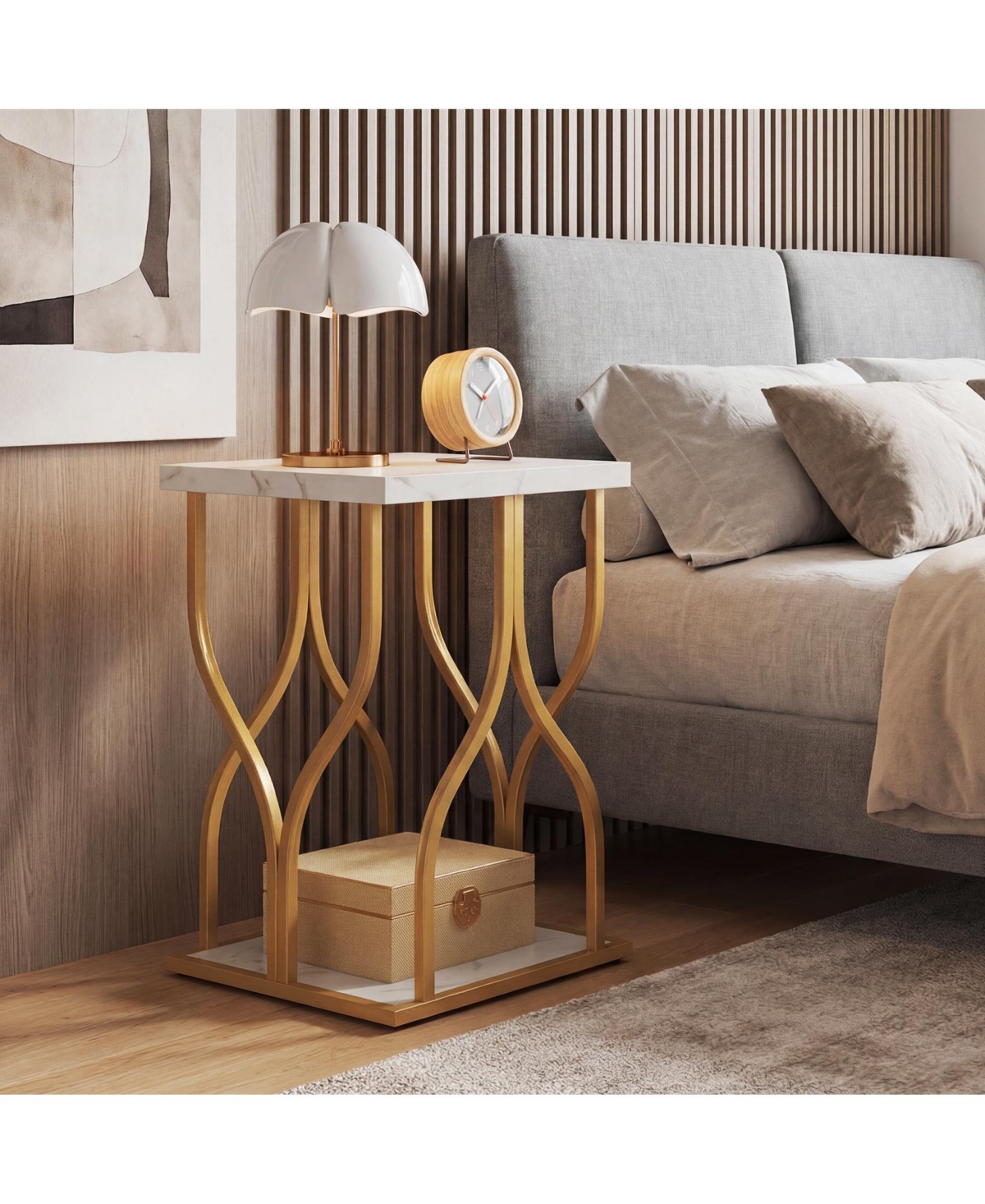 Gymax Faux Marble Nightstand Set of 2 2-Tier End Table w/ Storage Shelf and Metal Frame