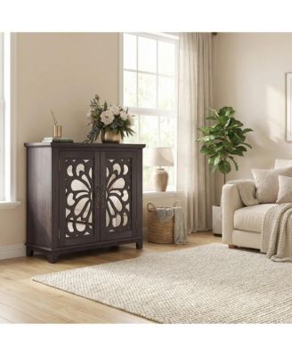 Elegant Sideboard with 2 Acrylic Mirrored Doors, Hollow-Carved Accent Cabinet