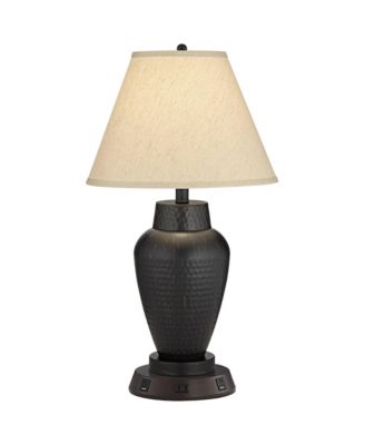 Modern Table Lamp with USB and AC Power Outlet Workstation Charging Base 25" High Hammered Empire Shade for Living Room Desk