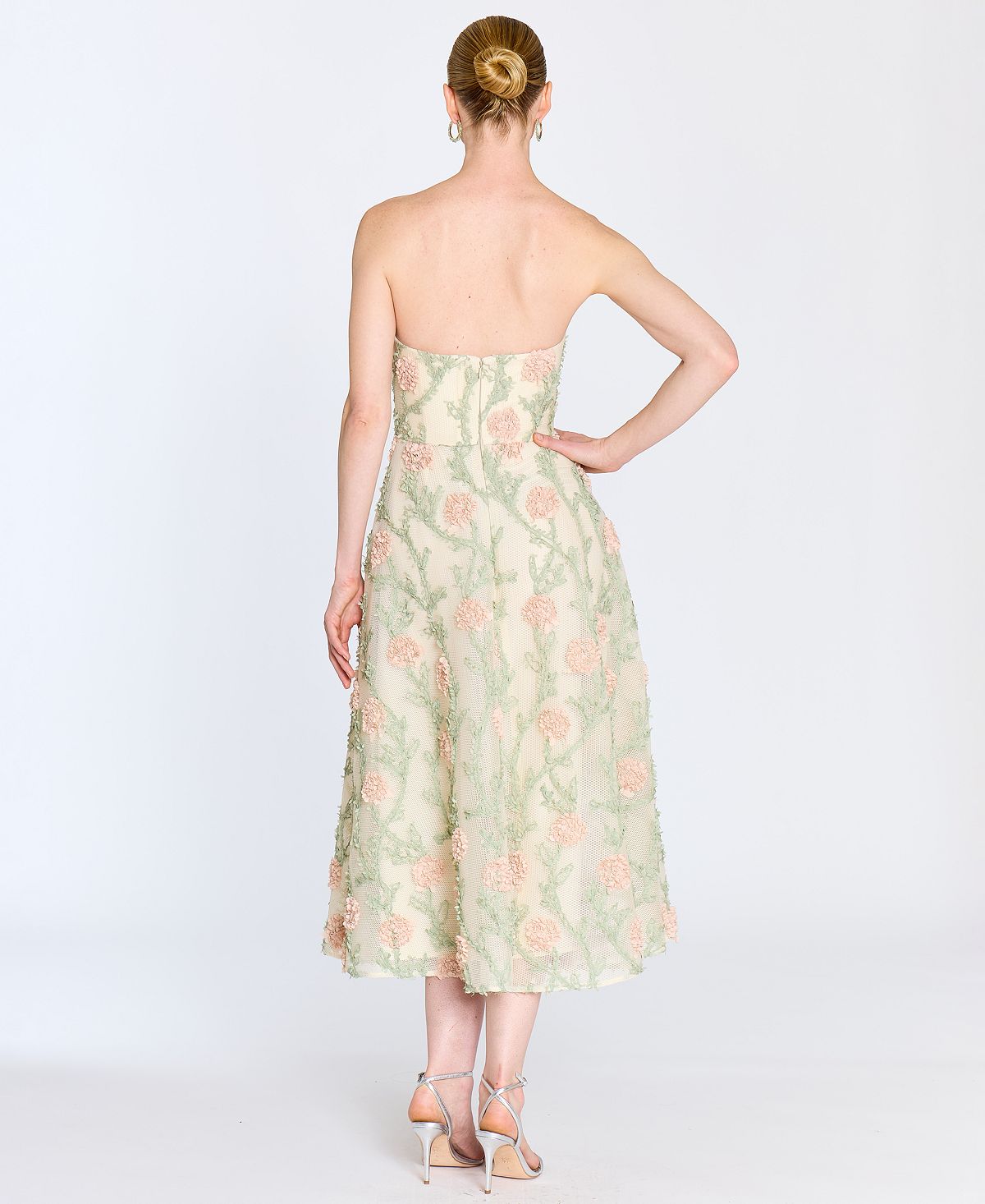 Marchesa Notte Women's Midi Strapless 3D Floral Embroidery Dress view 4 — MAYCSS fashion products