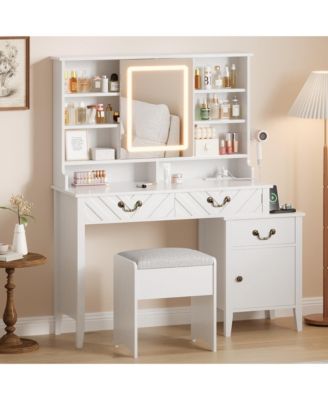 Vanity Desk with Sliding Mirror, LED Lights, Charging Station, Hair Dryer Rack, Stool, Drawers and Storage Modern Extendable Makeup Table