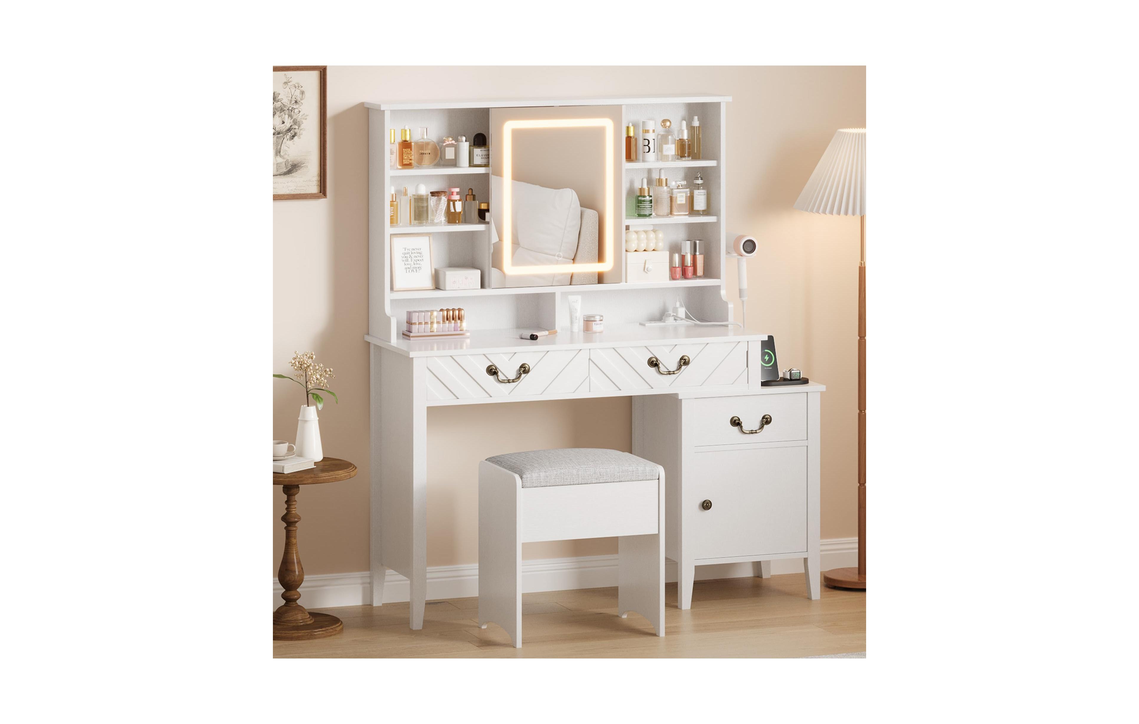 gaomon Vanity Desk with Sliding Mirror, Led Lights, Charging Station, Hair Dryer Rack, Stool, Drawers and Storage Modern Extendable Makeup Table