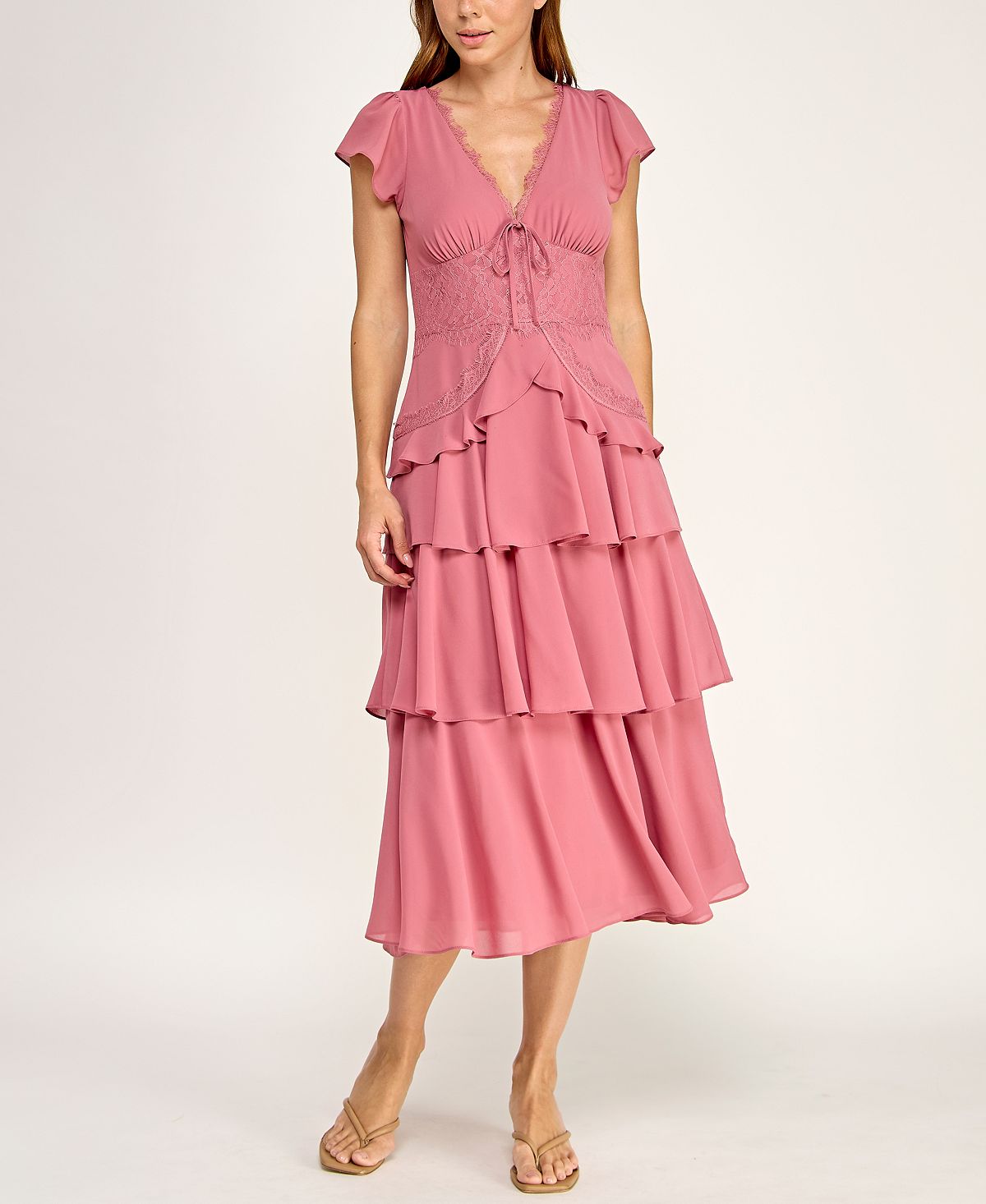 ROW A Juniors' Lace Trim Tiered Midi Dress view 6 — MAYCSS fashion products