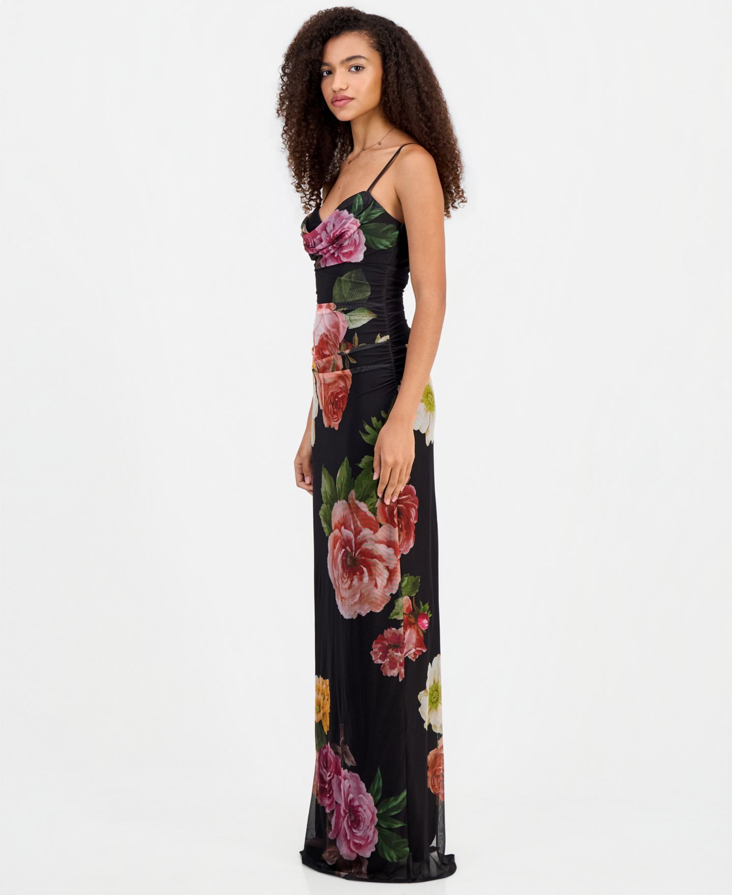 Женское платье Emerald Sundae Juniors' Cowl Neck Floral Mesh Sleeveless Gown, цвет: Чёрный — фото 6