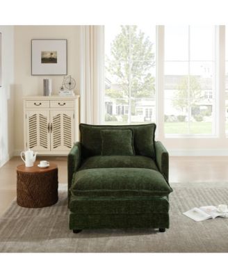 Modern Accent Chair with Ottoman, Living Room Club Chair Chenille Upholstered Armchair , Reading Chair for Bedroom, Blue Chenille