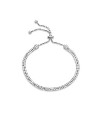 Sterling Silver Double-Strand Pave Cubic Zirconia Adjustable Bolo Tennis Bracelet