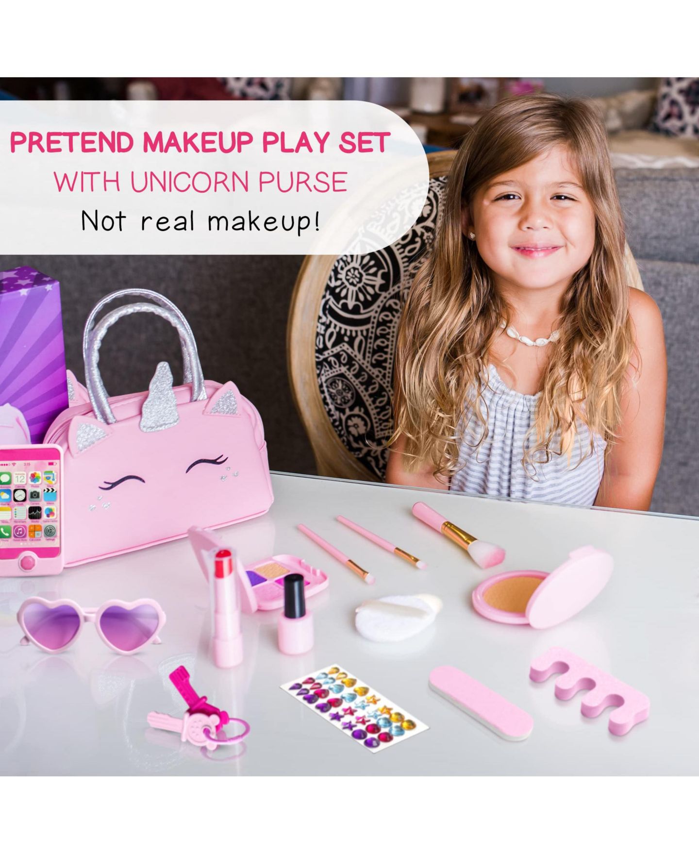 Детские игрушки GNUADZ Princess Unicorn Pretend Makeup Kit, 12-Piece Set, Ages 3+, цвет: Розовый — фото 2