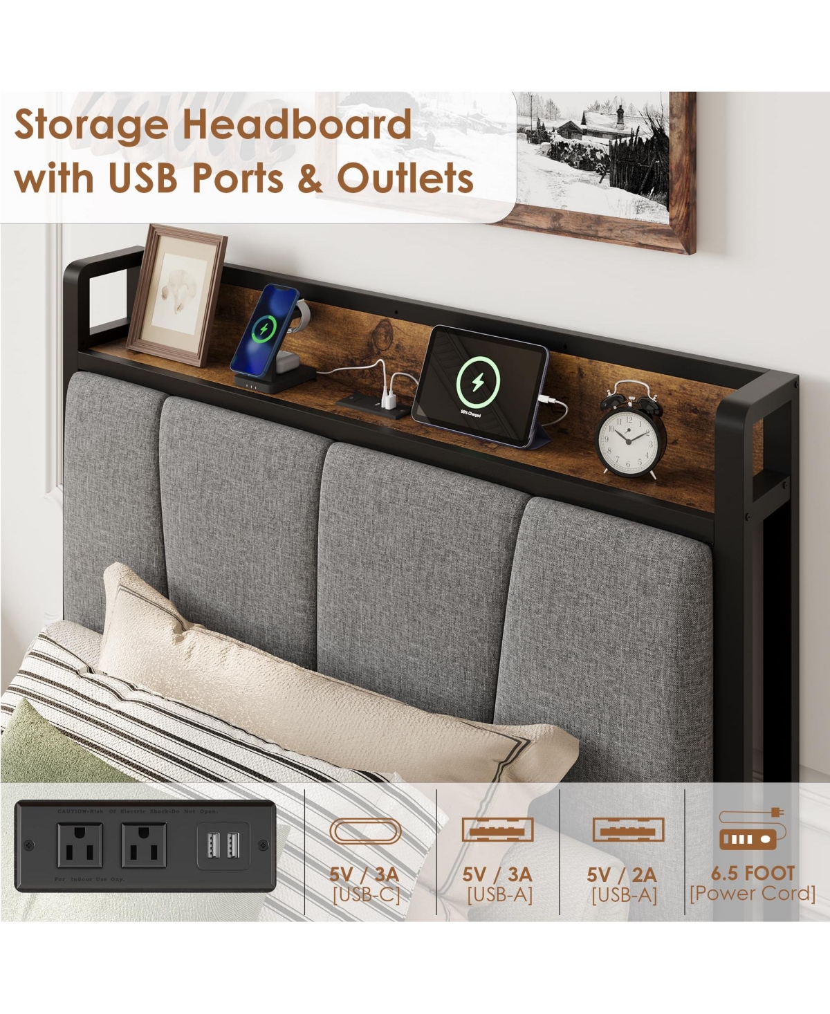 homfan Upholstered Bed Frame with Storage Headboard, Charging Station, 2 Drawers, Metal Slat Support
