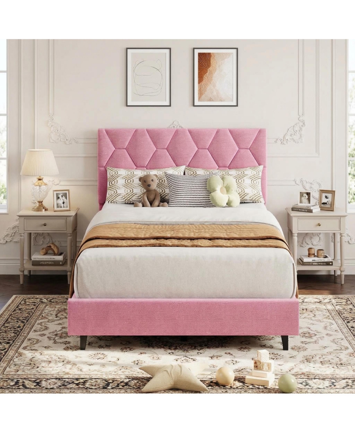 homfan Modern Upholstered Platform Bed Frame, Adjustable Padded Fabric Headboard, Heavy Duty Wooden Slats, No Box Spring Needed, Noise-Free