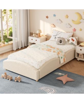 Upholstered Floor Bed for Kids, Teddy Fabric Soft Upholstered Bed Frame with Cloud Shaped Guardrails, Low Profile Platform Bed