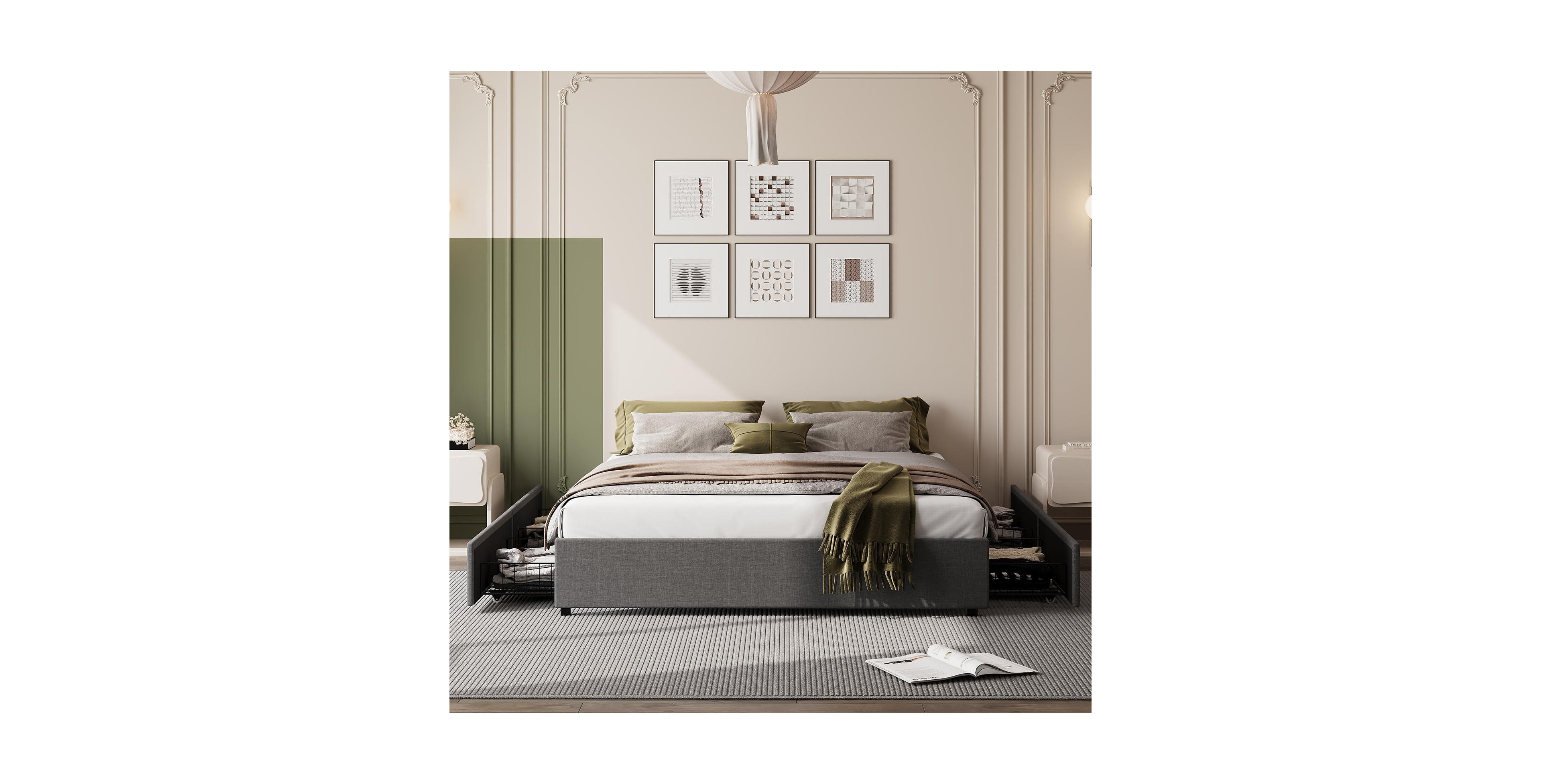 gaomon Bed Frame with 4 Storage Drawers, King Platform Bed with Linen Fabric Upholstered and Wooden Slats Support, No Box Spring Needed