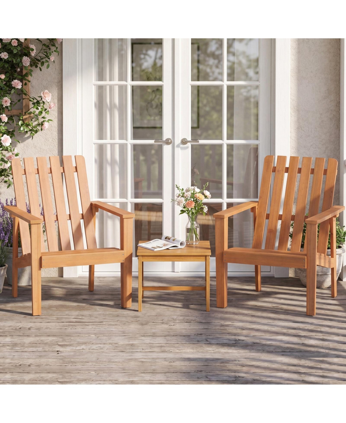 Sugift Acacia Wood Outdoor Patio Adirondack Chair with Slatted Backrest and Armrests