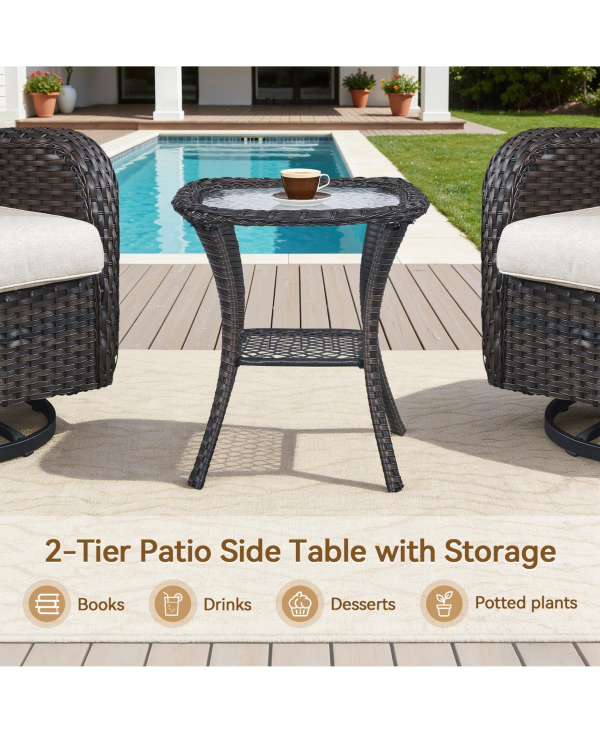 Pocassy Wicker Side Table Outdoor, Patio Rattan with Glass Top and Storage Shelf, 22" Tall Coffee for Yard, Deck, Garden