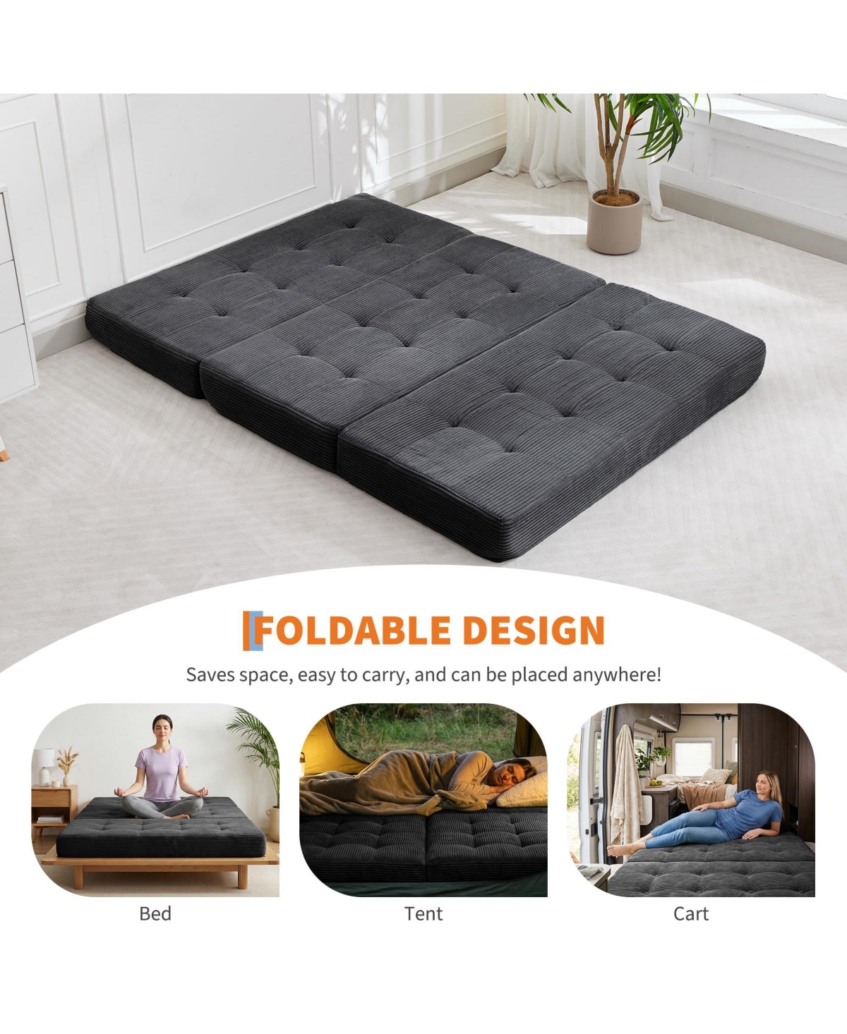 homfan 6" Tri-Fold Mattress 75" x 54.3", Corduroy Sofa Bed & Guest Floor Mattress, Portable Foam for Camping, Bedroom Living Room