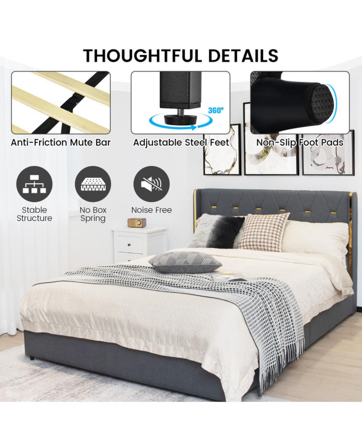 Gouun Full Upholstered Platform Bed Frame with 4 Rolling Storage Drawers