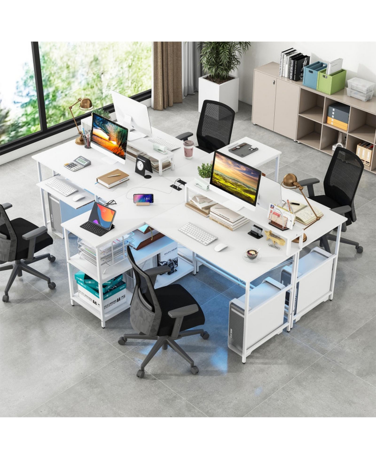 Gouun 2-Person Computer Desk 94.5in Led Lights Monitor Stand Reversible