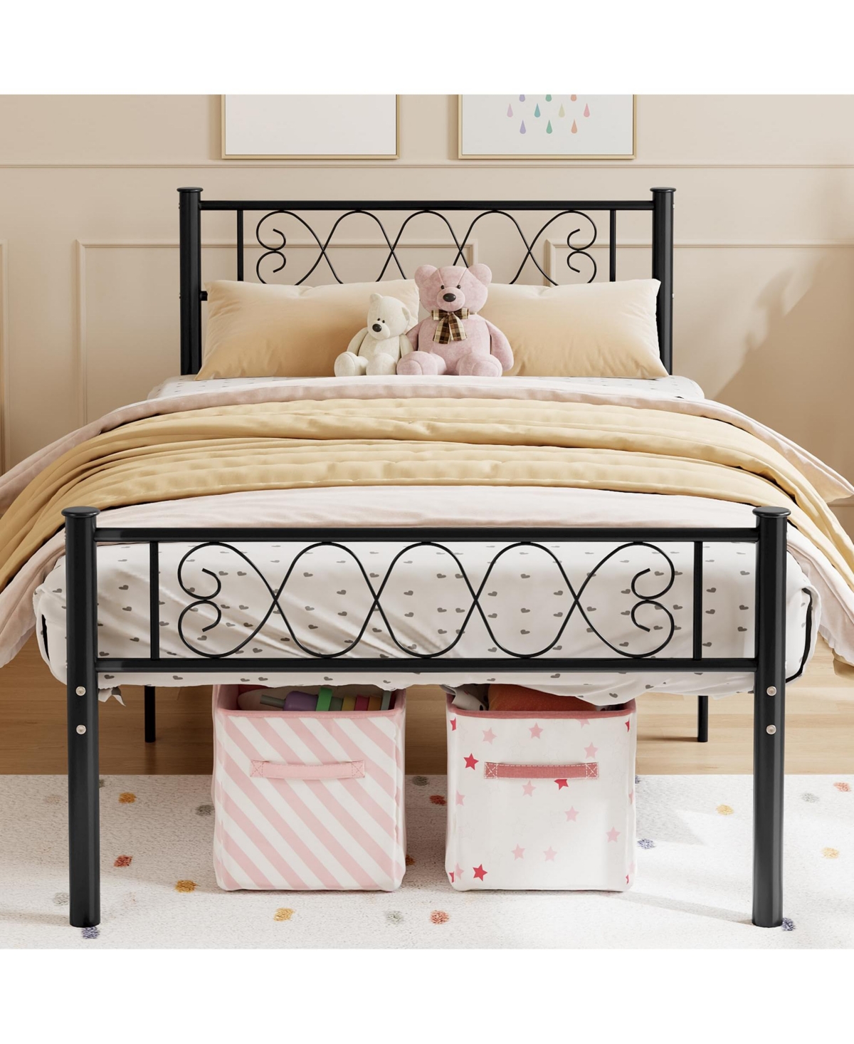 homfan Metal Platform Bed Frame with Headboard and Footboard, Metal Slats, 13.7 Inch Underbed Storage